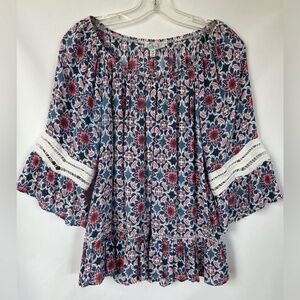 Fever Womens Boho Peasant Floral Crochet Accent Bell Sleeve Top Pink Blue Size M